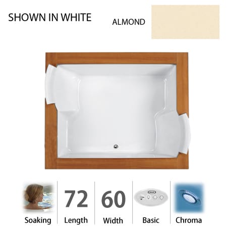 Jacuzzi 72" x 60" Fuzion Drop In Soaking Bathtub with Basic Controls, Chromatherapy and Center Drain - Integrated Drain Assembly Included Almond