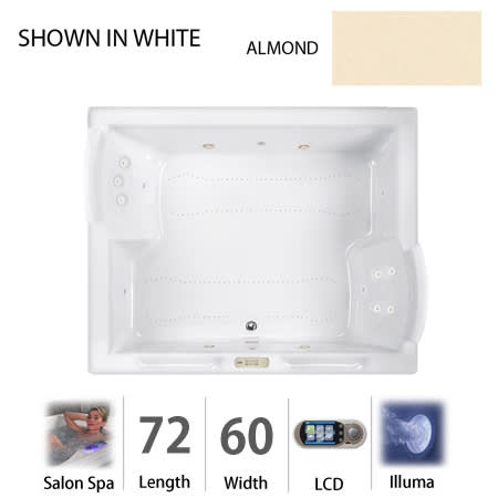 Jacuzzi 72" x 60" Fuzion Drop In Luxury Salon Spa Bathtub with 15 Jets, LCD Controls, Illumatherapy, Heater, Center Drain and Right Pump - Integrated Drain Assembly Included Almond