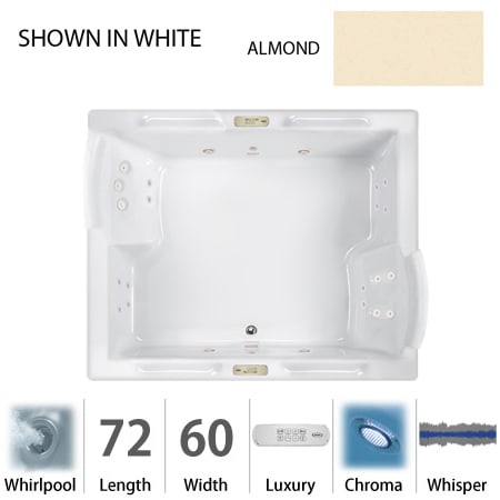 Jacuzzi 72" x 60" Fuzion Drop In Luxury Whirlpool Bathtub with 23 Jets, Luxury Controls, Chromatherapy, Heater, Center Drain and Dual Pump - Integrated Drain Assembly Included Almond