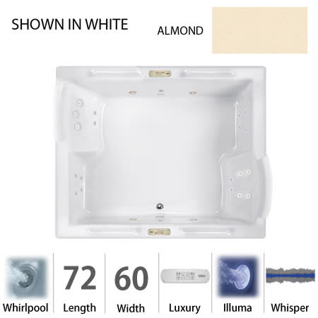 Jacuzzi 72" x 60" Fuzion Drop In Luxury Whirlpool Bathtub with 23 Jets, Luxury Controls, Illumatherapy, Heater, Center Drain and Dual Pump - Integrated Drain Assembly Included Almond