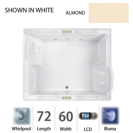 Jacuzzi 72" x 60" Fuzion Drop In Luxury Whirlpool Bathtub with 23 Jets, LCD Controls, Illumatherapy, Heater, Center Drain and Dual Pump - Integrated Drain Assembly Included Almond