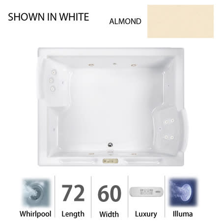 Jacuzzi 72" x 60" Fuzion Drop In Luxury Whirlpool Bathtub with 15 Jets, Luxury Controls, Illumatherapy, Heater, Center Drain and Left Pump - Integrated Drain Assembly Included Almond
