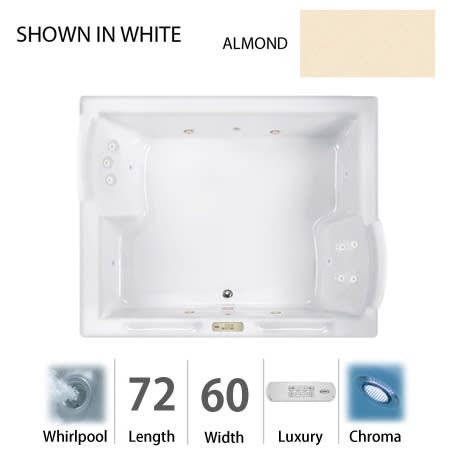 Jacuzzi 72" x 60" Fuzion Drop In Luxury Whirlpool Bathtub with 15 Jets, Luxury Controls, Chromatherapy, Heater, Center Drain and Right Pump - Integrated Drain Assembly Included Almond