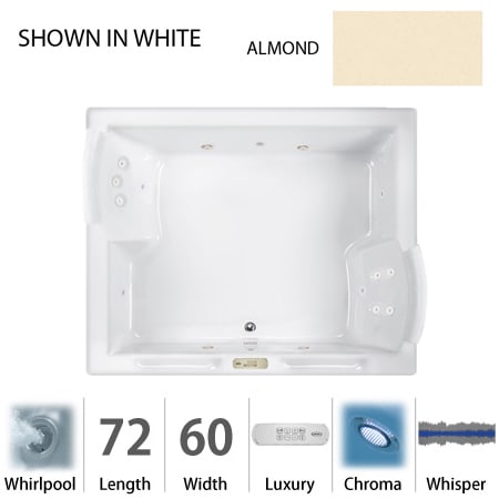 Jacuzzi 72" x 60" Fuzion Drop In Luxury Whirlpool Bathtub with 15 Jets, Luxury Controls, Chromatherapy, Heater, Center Drain and Right Pump - Integrated Drain Assembly Included Almond
