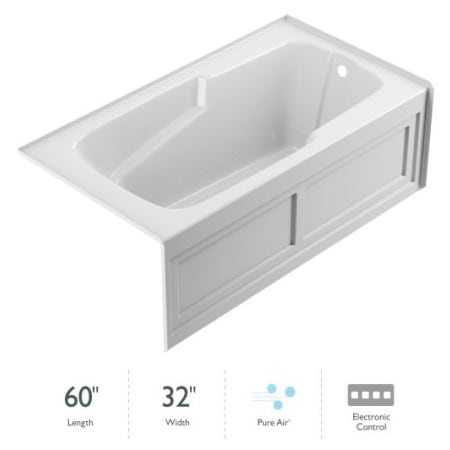 Jacuzzi 60" x 32" Cetra® Three Wall Alcove Comfort Air Bathtub with Basic Controls, Right Drain and Left Pump and Tub Skirt White