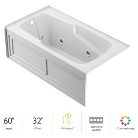 Jacuzzi 60" x 32" Cetra® Three Wall Alcove Comfort Whirlpool Bathtub with 8 Jets, Basic Controls, Heater, Chromatherapy, Left Drain and Right Pump White
