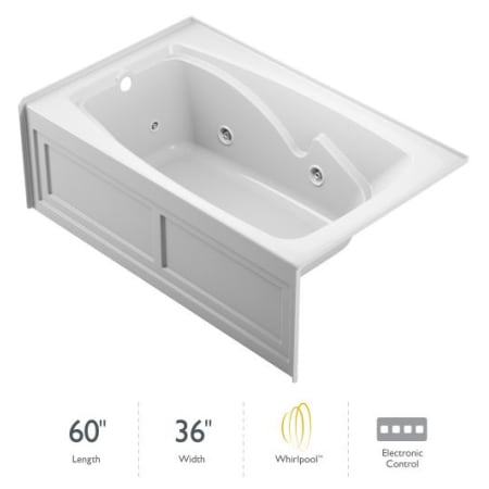 Jacuzzi 60" x 36" Cetra® Three Wall Alcove Comfort Whirlpool Bathtub with 8 Jets, Basic Controls, Heater, Left Drain and Right Pump White