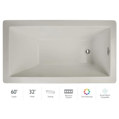 Jacuzzi Elara Low Profile 60" x 32" Acrylic Soaking Bathtub for Drop-In Installations with Reversible Drain and Chromatherapy Lighting Oyster