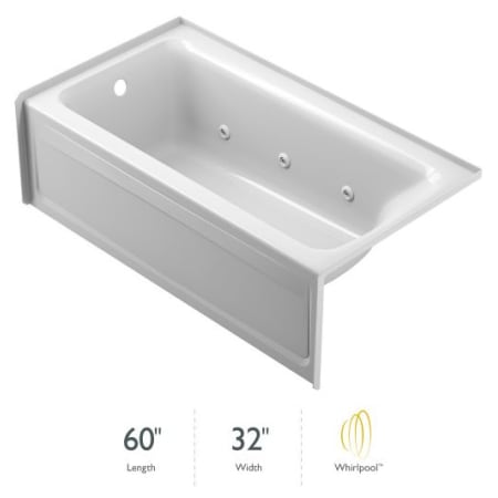 Jacuzzi 60" Acrylic Whirlpool Bathtub for Three Wall Alcove Installation with 6 Jets, Air Controls, Tiling Flange, Skirt, Left Drain, and Right Pump White