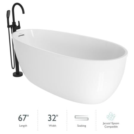 Jacuzzi Signature 67" Free Standing Acrylic Soaking Tub with Matte Black Free Standing Tub Filler and Handshower, Reversible Drain, Drain Assembly and Overflow White