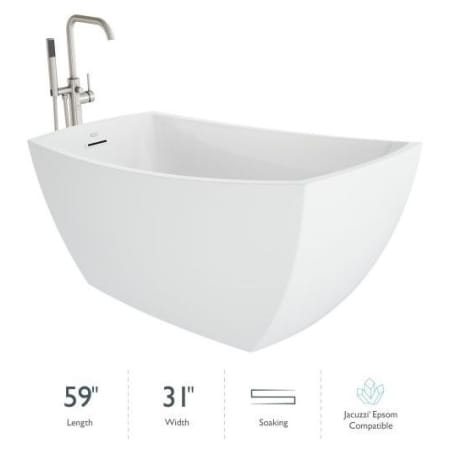 Jacuzzi Stella 59" Free Standing Acrylic Soaking Tub with Reversible Drain, Drain Assembly and Overflow - Includes Floor Mounted Tub Filler with Hand Shower Gloss White