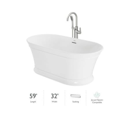 Jacuzzi Lyndsay 59" Free Standing Acrylic Soaking Tub with NW50827 Tub Filler Faucet, Center Drain, Drain Assembly and Overflow White / White Trim / Brushed Nickel Filler