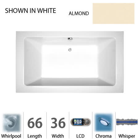 Jacuzzi 66" x 36" Sia&reg; Drop In Luxury Whirlpool Bathtub with 13 Jets, LCD Controls, Chromatherapy, Heater, Center Drain and Right Pump Almond