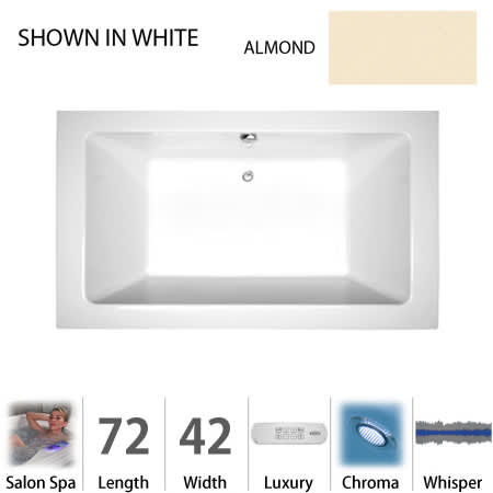 Jacuzzi 72" x 42" Sia&reg; Drop In Luxury Salon Spa Bathtub with 13 Jets, Luxury Controls, Chromatherapy, Heater, Center Drain and Right Pump Almond