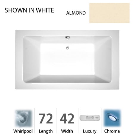 Jacuzzi 72" x 42" Sia&reg; Drop In Luxury Whirlpool Bathtub with 13 Jets, Luxury Controls, Chromatherapy, Heater, Center Drain and Right Pump Almond