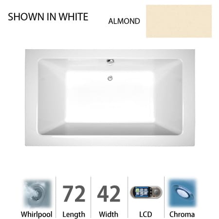 Jacuzzi 72" x 42" Sia&reg; Drop In Luxury Whirlpool Bathtub with 13 Jets, LCD Controls, Chromatherapy, Heater, Center Drain and Right Pump Almond