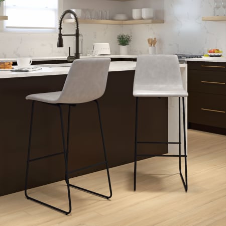 James Allan Modern Chic Set of (2) 18"W Leather Blend Sled Base Mid Back Bucket Seat Bar Stools Light Gray