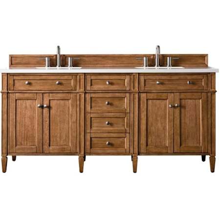 James Martin Vanities Brittany 72" Double Basin Poplar Wood Vanity Set with 3cm White Zeus Quartz Vanity Top and Rectangular Sinks Saddle Brown