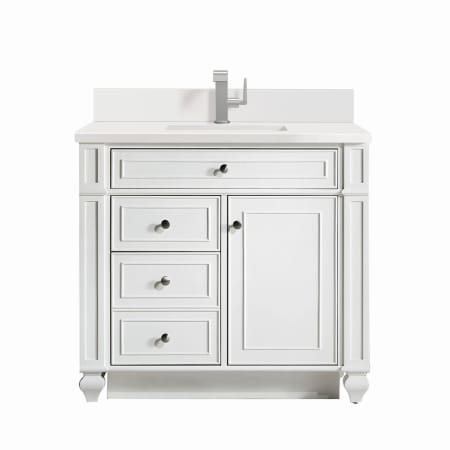 James Martin Vanities Bristol 36" Single Basin Walnut Wood Vanity Set with 3cm White Zeus Silestone Quartz Vanity Top, Backsplash and Rectangular Sink Bright White