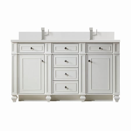 James Martin Vanities Bristol 60" Double Basin Walnut Wood Vanity Set with 3cm White Zeus Silestone Quartz Vanity Top, Backsplash and Rectangular Sinks Bright White