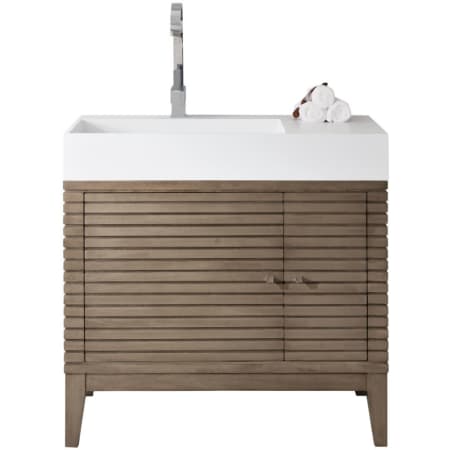 James Martin Vanities Linear 36" Single Basin Walnut Wood Vanity Set with Glossy White Solid Surface Vanity Top Whitewashed Walnut
