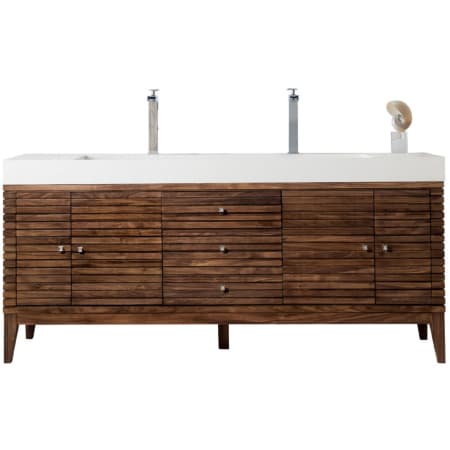 James Martin Vanities Linear 72" Double Basin Wood Vanity Set with USB/Electrical Outlet and Glossy White Solid Surface Vanity Top Mid Century Walnut