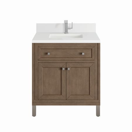 James Martin Vanities Chicago 30" Single Basin Wood Vanity Set with 3cm White Zeus Silestone Quartz Vanity Top, Backsplash and Rectangular Sink Whitewashed Walnut