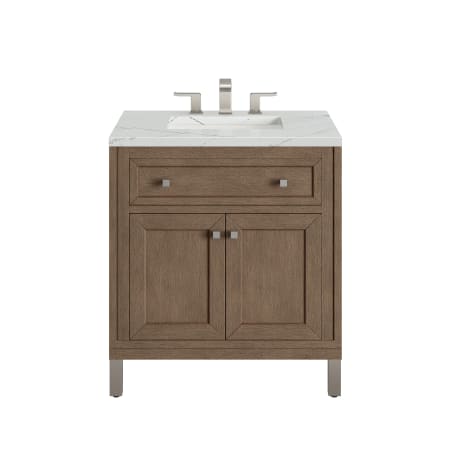 James Martin Vanities Chicago 30" Free Standing or Wall Mounted Single Basin Poplar Wood Vanity Set with 3 cm Ethereal Noctis Quartz Vanity Top and Rectangular Sink Whitewashed Walnut
