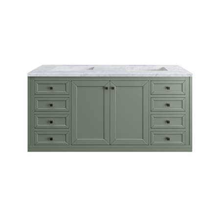 James Martin Vanities Chicago 60" Free Standing or Wall Mounted Double Basin Poplar Wood Vanity Set with 3 cm Carrara White Natural Stone Vanity Top and Rectangular Sinks Smokey Celadon / Matte Black