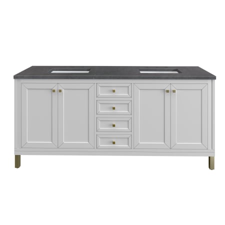 James Martin Vanities Chicago 72" Free Standing or Wall Mounted Double Basin Poplar Wood Vanity Set with 3 cm Charcoal Soapstone Quartz Vanity Top and Rectangular Sinks Glossy White