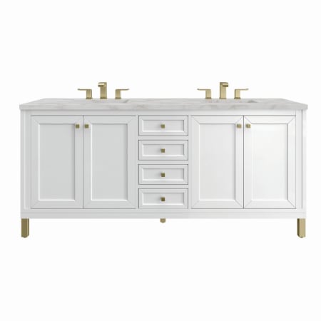 James Martin Vanities Chicago 72" Double Basin Wood Vanity Set with 3cm Victorian Silver Silestone Quartz Vanity Top and Rectangular Sinks Glossy White
