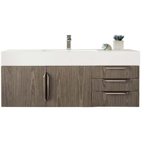 James Martin Vanities Mercer Island 48" Wall Mounted Single Basin Birch Wood Vanity Set with USB/Electrical Outlet and Glossy White Solid Surface Vanity Top Ash Gray