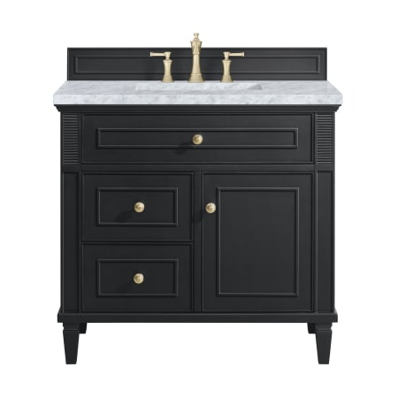 James Martin Vanities Lorelai 36" Single Basin Wood Vanity Set with 3cm Carrara White Marble Vanity Top, Rectangular Sink and Electrical Outlet - 8" Faucet Centers Black Onyx