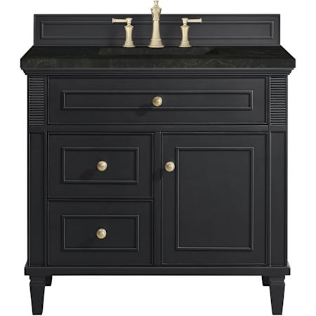 James Martin Vanities Lorelai 36" Free Standing Single Basin Hardwood Vanity Set with Solid Surface Top, Rectangular Sink, USB Port(s), and Electrical Outlet(s) Black Onyx