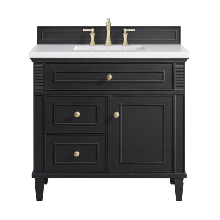 James Martin Vanities Lorelai 36" Single Basin Wood Vanity Set with 3cm White Zeus Silestone Quartz Vanity Top, Rectangular Sink and Electrical Outlet - 8" Faucet Centers Black Onyx