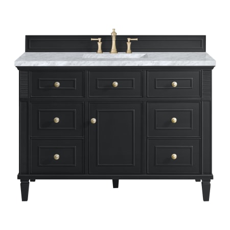 James Martin Vanities Lorelai 48" Single Basin Wood Vanity Set with 3cm Carrara White Marble Vanity Top, Rectangular Sink and Electrical Outlet - 8" Faucet Centers Black Onyx