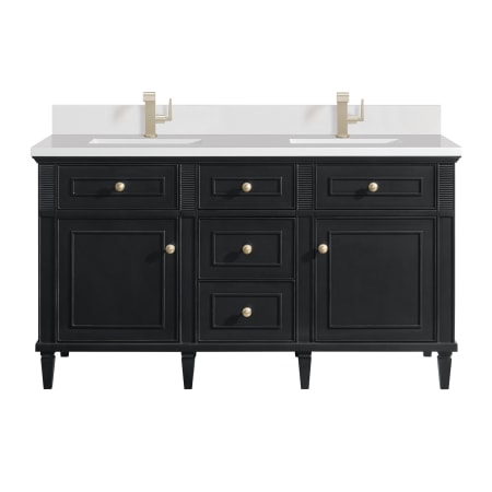 James Martin Vanities Lorelai 60" Double Basin Wood Vanity Set with 3cm White Zeus Silestone Quartz Vanity Top, Rectangular Sinks and Electrical Outlet - Single Faucet Hole Black Onyx