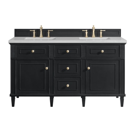 James Martin Vanities Lorelai 60" Double Basin Wood Vanity Set with 3cm Arctic Fall Solid Surface Vanity Top, Rectangular Sinks and Electrical Outlet - 8" Faucet Centers Black Onyx
