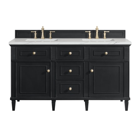 James Martin Vanities Lorelai 60" Double Basin Wood Vanity Set with 3cm Ethereal Noctis Silestone Quartz Vanity Top and Rectangular Sinks - 8" Faucet Centers Black Onyx