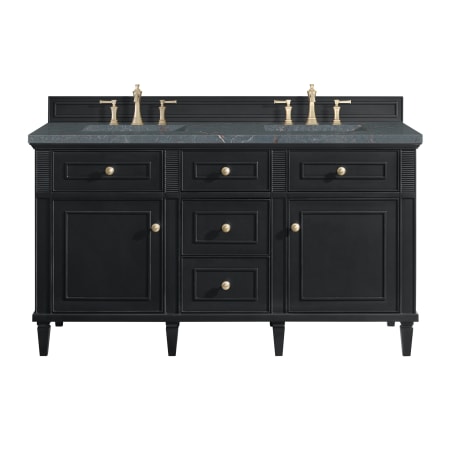 James Martin Vanities Lorelai 60" Double Basin Wood Vanity Set with 3cm Parisien Bleu Silestone Quartz Vanity Top, Rectangular Sinks and Outlet - 8" Faucet Centers Black Onyx
