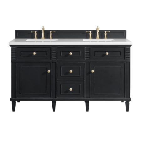 James Martin Vanities Lorelai 60" Double Basin Wood Vanity Set with 3cm White Zeus Silestone Quartz Vanity Top, Rectangular Sinks and Electrical Outlet - 8" Faucet Centers Black Onyx