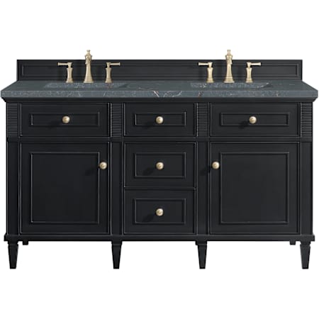 James Martin Vanities Lorelai 60" Free Standing Double Basin Hardwood Vanity Set with Parisien Bleu Stone Composite Top, Rectangular Sinks, and FreePower Wireless Charger Black Onyx