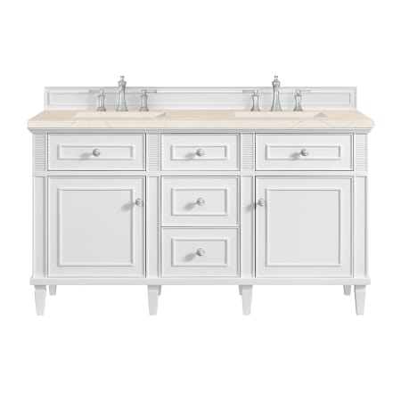 James Martin Vanities Lorelai 60" Double Basin Wood Vanity Set with 3cm Eternal Marfil Silestone Quartz Vanity Top, Rectangular Sinks and Outlet - 8" Faucet Centers Bright White