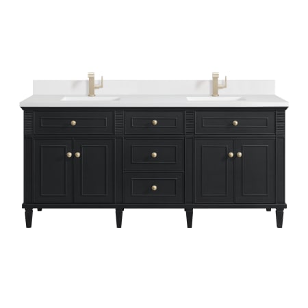 James Martin Vanities Lorelai 72" Double Basin Wood Vanity Set with 3cm White Zeus Silestone Quartz Vanity Top, Rectangular Sinks and Electrical Outlet - Single Faucet Hole Black Onyx