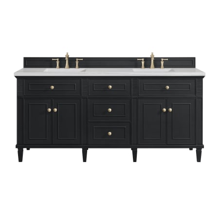 James Martin Vanities Lorelai 72" Double Basin Wood Vanity Set with 3cm Arctic Fall Solid Surface Vanity Top, Rectangular Sinks and Electrical Outlet - 8" Faucet Centers Black Onyx