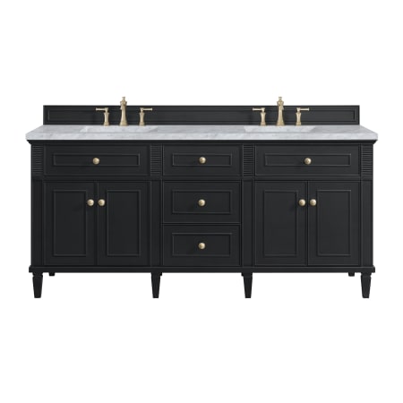 James Martin Vanities Lorelai 72" Double Basin Wood Vanity Set with 3cm Carrara White Marble Vanity Top, Rectangular Sinks and Electrical Outlet - 8" Faucet Centers Black Onyx