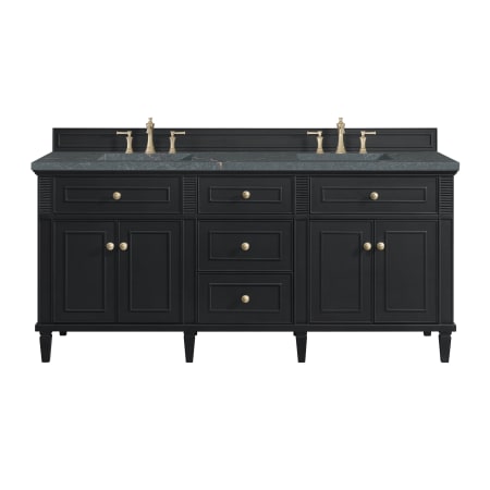 James Martin Vanities Lorelai 72" Double Basin Wood Vanity Set with 3cm Parisien Bleu Silestone Quartz Vanity Top, Rectangular Sinks and Outlet - 8" Faucet Centers Black Onyx