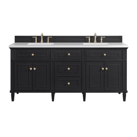 James Martin Vanities Lorelai 72" Double Basin Wood Vanity Set with 3cm White Zeus Silestone Quartz Vanity Top, Rectangular Sinks and Electrical Outlet - 8" Faucet Centers Black Onyx