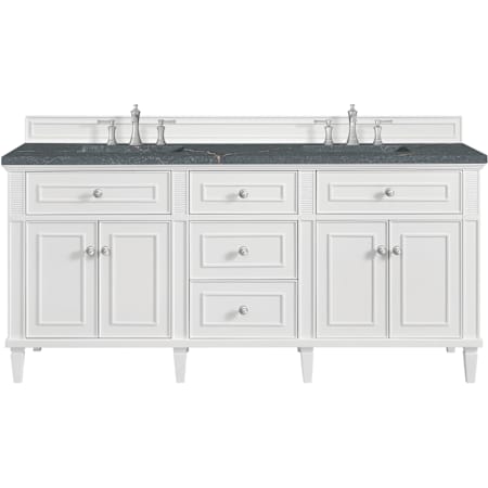James Martin Vanities Lorelai 72" Free Standing Double Basin Hardwood Vanity Set with Parisien Bleu Stone Composite Top, Rectangular Sinks, and FreePower Wireless Charger Bright White