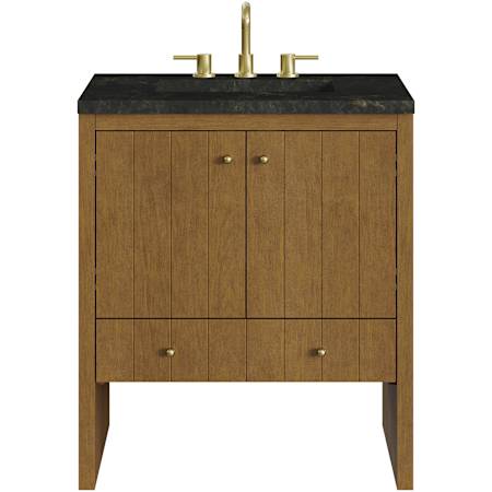 James Martin Vanities Hudson 30" Free Standing Single Basin Poplar Wood Vanity Set with Solid Surface Top, Rectangular Sink, USB Port(s), and Electrical Outlet(s) Honey Oak